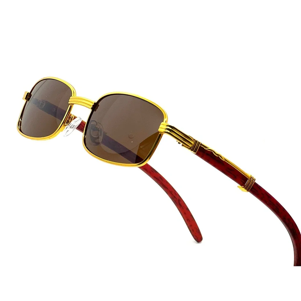 Gold Frame Sunglasses Brown Lens Wood Arms Rectangular Mens Fashion Small Shades